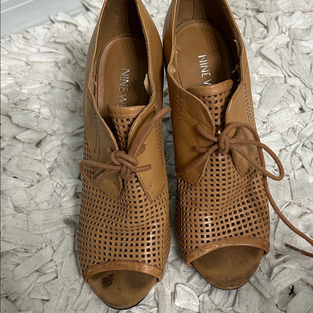 Nine West Tan Lace-Up Peep-Toe Boots